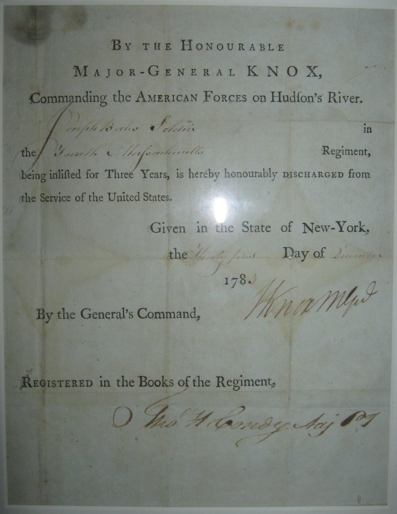 (AMERICAN REVOLUTION.) KNOX, HENRY. Partly-printed Document Signed, HKnoxMGenl, discharging Joseph Bales